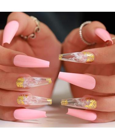 Outyua Smoke Pattern Fake Nails Pink Coffin Extra Long Press on Nails with Designs Glossy Ballerina Acrylic False Nails Stick on Artificial Nails 24Pcs (Pink)