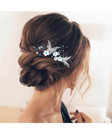 Earent Bride Wedding Flower Hair Pins - Blue Beads Butterfly Hair Accessories (2 Pack) - Buy Online on GoSupps.com