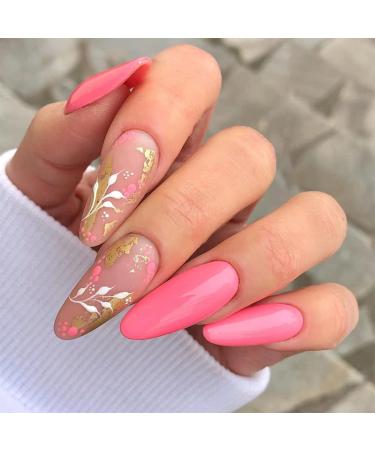 Sethexy short almond false nails flower press on nail pink shiny artificial nails 24 pieces acrylic nails to stick on for women and girls pink flower