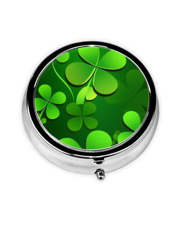 Green Four Leaf Clover Portable Metal Pill Box Round Mini 3-Compartment Plastic Insert hinged Fastening Design Suitable for Small Pills Must-Have for Travel Black