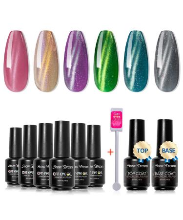 SnowDream Cat Eye Gel Nail Polish Set, 6 Colors Purple Green Blue Gray Cateye Magnet Gel Polish Kit with 1*Magnet Stick 2*Top and Base Coat Soak Off Nail Lamp for Women. Color02