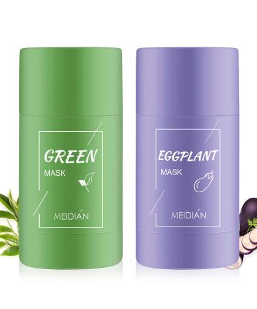 2PCS Green Tea/Eggplant Purifying Clay Mask Face Moisturizes Deep Cleansing Oil Control Blackhead Remover Deep Clean Pore Improves Skin Care for All Skin Types Men Women