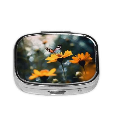 Flowers and Butterfly Printing 2 Compartment Small Pill Case Cute Small Pill Box Purse Pill Boxs Travel Pill Organizer for Pocket Purse and Travel Gifts