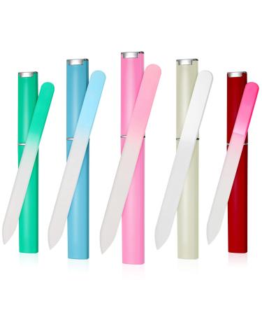 5 Pack Glass Nail File Professional Crystal Nail File Multicolor Crystal Nail File Set with Case Fingernail Files Double-Sided Nail Files for Natural Nails Manicure Tools Gift for Women and Girls Blue-pink-green-red-white