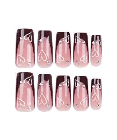 24Pcs Brown French Tip Coffin Press On Nails - Love Spot Drilling Designs - Full Cover Acrylic Fake Nails for Women - Buy Online on GoSupps.com