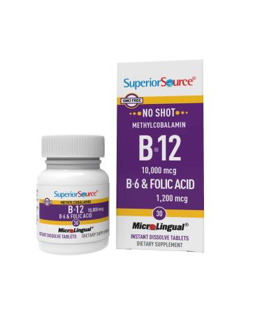Superior Source No Shot Vitamin B12 Methylcobalamin (10000 mcg) B6 Folic Acid Quick Dissolve Sublingual Tablets 30 Ct Increase Energy Healthy Heart Boost Metabolism Stress Support Non-GMO
