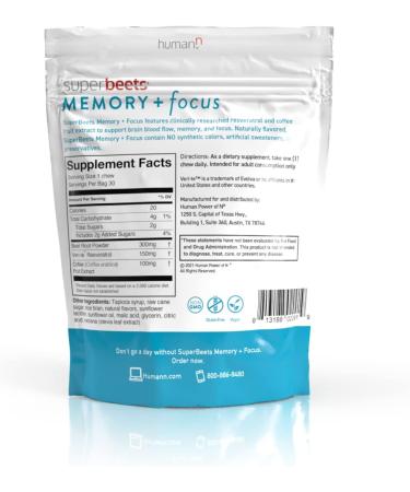 HumanN SuperBeets Memory + Focus Chews - Brain Health Nootropic with Resveratrol & Beet Root, Blueberry Pomegranate, 30 Soft Chews - Buy Online on GoSupps.com