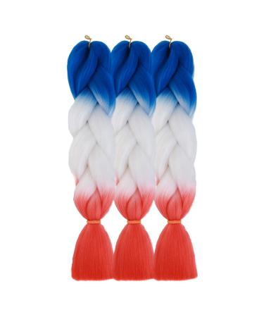 Colored Ombre Jumbo Braiding Hair ExtensionsSynthetic Twist Braids Crochet Synthetic Fiber for Twist Braiding Hair Extension(3Pcs/Lot Blue/White/Red-Orange Red as showing) 3pcs M63 Blue/White/Red