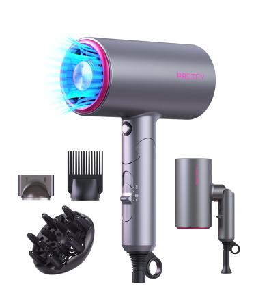 PRETFY Portable Hair Dryer 1875W Professional Ionic Hair Blow Dryer with Diffuser Lightweight Design Fast Drying Low Noise Foldable Small Hair Dryer for Home Travel Salon (Gray)