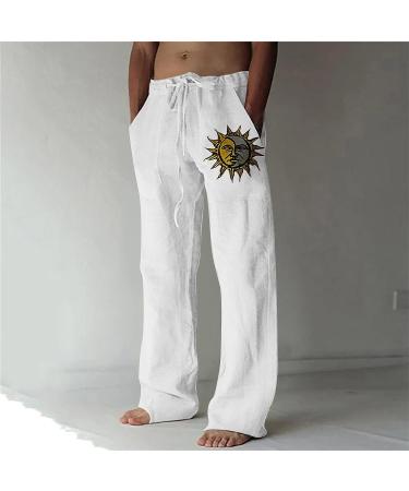Men's Cotton Linen Work Trousers | Relaxed Fit Drawstring Cargo Pants | Y2K Pattern | Pockets | White - Buy Online on GoSupps.com