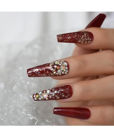 Shop Burgundrot Glitter Sequin Press-On Nails with Tiny Diamond Gems - 24-Piece Full Cover Long Coffin Art Kit - Buy Online on GoSupps.com