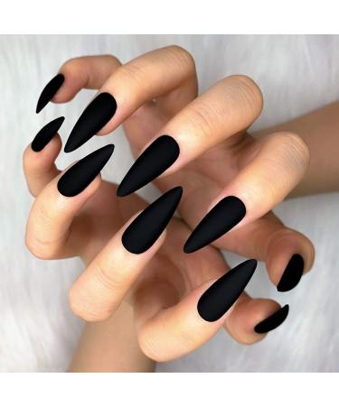 Morily 24pcs Matte Black Stiletto Almond Fake Nails - Medium Long Press on False Tips for Women and Girls - Buy Online on GoSupps.com