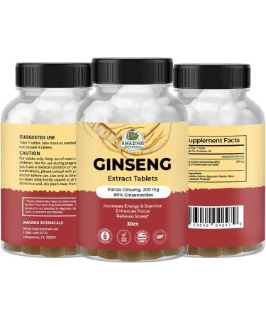 Amazing Botanicals Panax Ginseng Extract Tablets - 200mg Highly Potent 80% Ginsenosides for Energy & Relaxation - Natural Herbal Supplement for Cognitive Booster - 30 Tablets - Buy Online on GoSupps.com