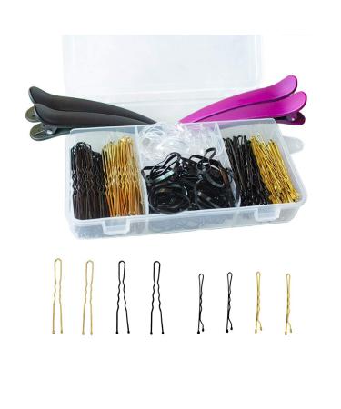 Hair needles 200 pieces bobby pins and u hairpin 4 pieces of hair clip hair clip and about.100 pieces of hair tie with storage box for girls and women gold and black