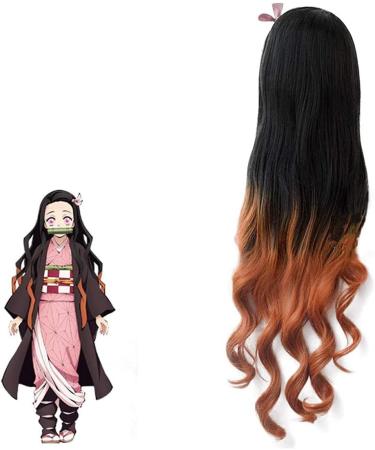 Nezuko Demon Slayer Cosplay Wig with Accessories - Long Curly Black Orange Gradient Kids Wig for Halloween Props - Buy Online on GoSupps.com
