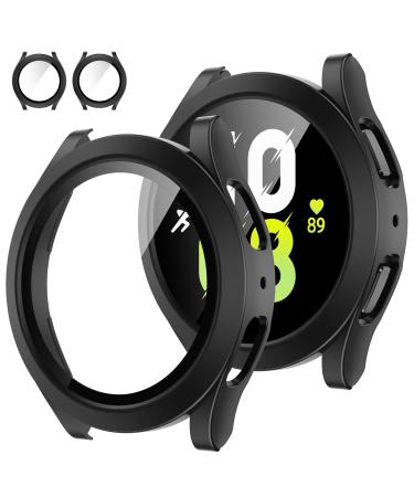 2Pack Tensea for Samsung Galaxy Watch 5 2022 & 4 2021 Screen Protector Case 44mm Accessories Protective Face Cover Hard PC Bumper Built-in Tempered Glass Film for Women Men (44 mm Matte Black) Galaxy Watch 5/4-44mm Matte Black