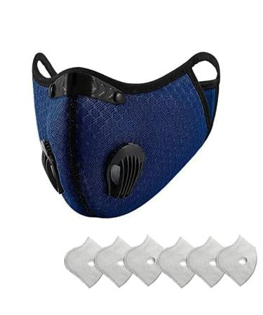 Habac Studio - Mesh Sports Face Mask + 6pcs pm 2.5 Filters Washable Face Masks Reusable Dust Breathing Valves Personal Protective Gym Running Cycling Outdoor Activities UK Seller Navy