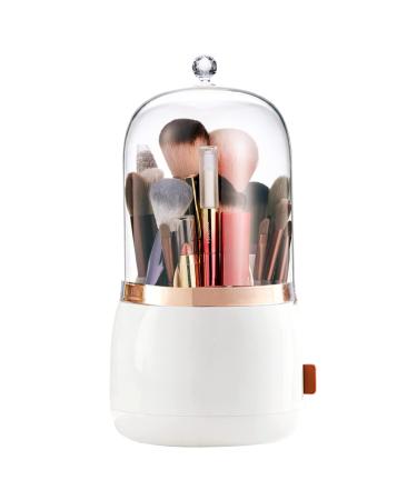 DEEIF Makeup Brush Holder Organizer with Lid 360 Rotating Dustproof Makeup Brushes Organizer for Vanity (Pearl White)