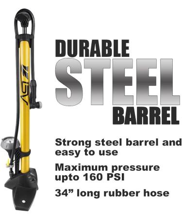 Durable Steel BV Bike Pump | 160 PSI High Pressure Bicycle Tire Pump with Gauge | Smart Valve Head for 17/24 inch Bikes | Presta and Schrader Compatibility | Dark Yellow - Buy Online on GoSupps.com