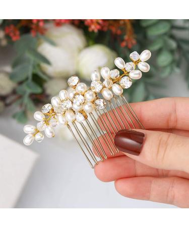 Heread Pearl Bride Wedding Hair Comb Gold Crystal Bridal Hair Piece Flower Hair Accessories for Women and Girls