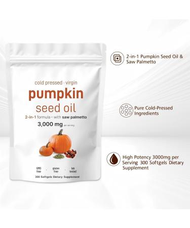 Pumpkin Seed Oil with Saw Palmetto- 3000mg - 300 Softgels -Cold Pressed - Pure Virgin Oil - Essential Fatty Acids & Phytosterols - Supports Hair - Urinary - Bladder & Prostate Health - Non-GMO - Buy Online on GoSupps.com