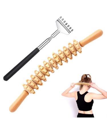 Fascia rod wood 41cm massage roller wood with adjustable back scratches 2 pieces massage scooter with handle fascia roller wood for neck legs back body