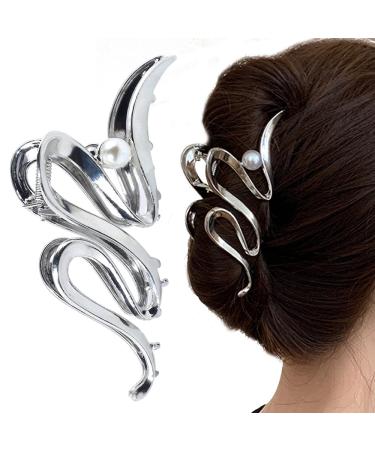 Wave Metal Hair Claw Clips Big Hair Clips for Girls Pearl Metal Claw Clip Wavy Hair Clip Large Claw Clips for Thick Hair Silver Hair Claws Hair Accessories for Women Hairclips Hair Barrettes  1pc