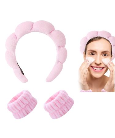 Skin Care Headband and Wristbands Puffy Makeup Headband Spa Headbands for Women Sponge & Terry Towel Cloth Fabric Cute Skincare Headband for Washing Face Makeup Removal Shower Facial Mask (Pink)