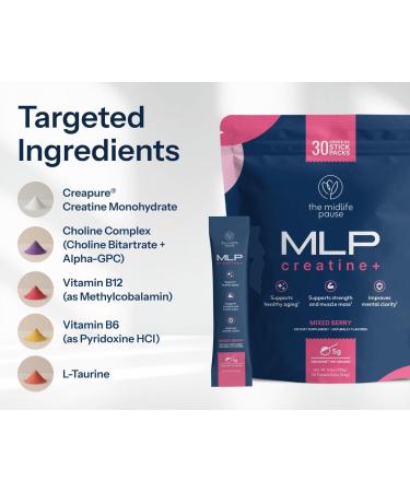 The Midlife PAUSE MLP Creatine + Creapure Creatine Powder Mixed Berry 30 Servings Stick Packs 5g per Serving Alpha GPC + B Vitamins Supports Strength Lean Muscle & Recovery for Women - Buy Online on GoSupps.com