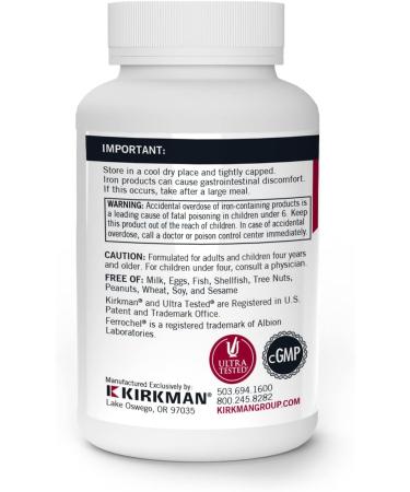 Kirkman - Iron Ferrochel 5mg - 120 Capsules - Aids Hemoglobin & Myoglobin Production - Supports Red Blood Cells Formation - Hypoallergenic - Buy Online on GoSupps.com
