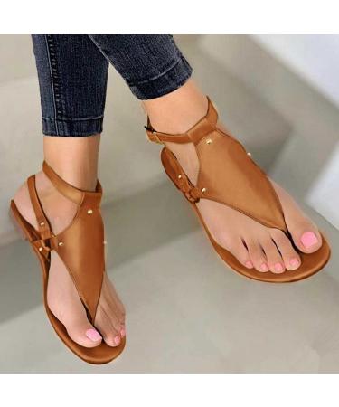 Womens Sandals Flip Flops for Women Dressy Summer,Women's Flip Flops with Arch Support Platforms Flats Sandals Open Toe Slippers Shoes Casual Buckle Strap Clip Toe Sandals for Beach Travel Brown 41