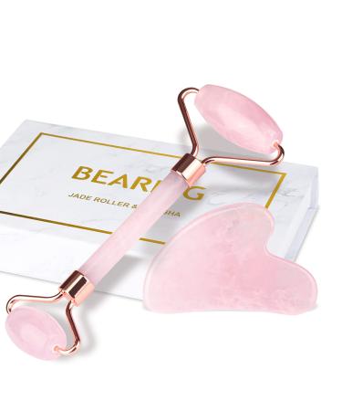 Jade Roller & Gua Sha Set, BearKig Jade Roller for Face, Anti-Aging Rose Quartz Face Roller for Skin Care, Beauty Facial Roller Massager Tools for Face, Eye, Neck, Reduce Wrinkle & Dark Circle