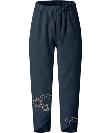 MALAIDOG Women's Linen Capri Pants - Dark Blue Large | Elastic Waist | Summer Beach Lounge Trousers - Buy Online on GoSupps.com