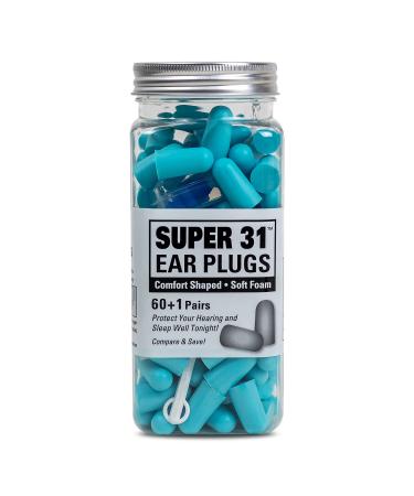 Super 31 Ultra Soft Foam Earplugs 60 Pair - 31 db Noise Reduction  Comfortable Loud Noise Canceling Earplugs for Travel  Studying  Sleeping  Snoring  Shooting  Concerts  Work  Construction (Blue) 123