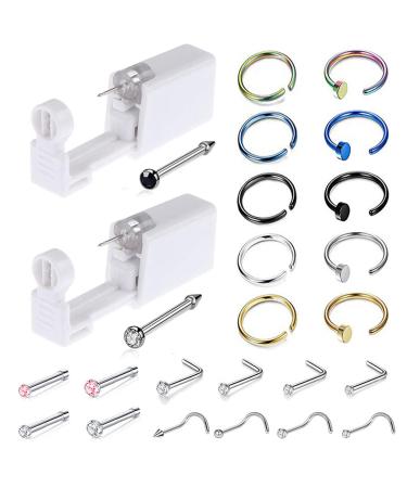 Jconly Nose Piercing Gun Kit - 2 Colors Disposable Sterile Safety Nose Piercing Gun with 22 Nose Jewelry Nose Studs Ring Hoop for Women Girls Jewelry + 2 Nose Guns