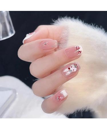 NICENEEDED Easter French Tip Press on Nails Short Square Fake Nails with Rhinestones Rabbit Acrylic Nails Full Cover Stick on Nails Cute Bunny Artificial Nails Decor for Women Girl Holidays Nail Art - Buy Online on GoSupps.com