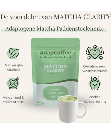 AdapCoffee Matcha Clarity Ceremonial Matcha with Adaptogenic Mushrooms Lions Mane Reishi & Maitake Natural Energy & Concentration Vegan No Added Sugars 25 Cups 100g - Buy Online on GoSupps.com
