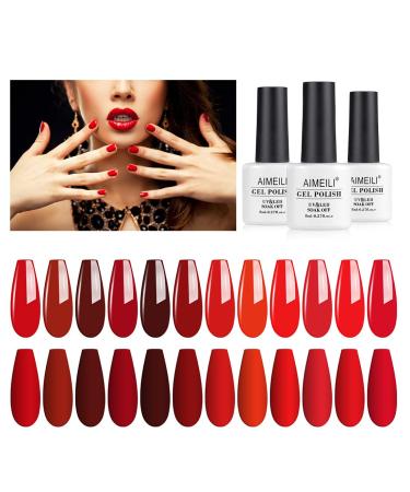 AIMEILI Soak Off LED Classic Maroon Brown Gel Nail Polish Red Color Nail Polish for Valentine's Day Girlfriend Women Mom Mother Gift Set Of 12pcs X 8ml - Kit Set 15 KIT12