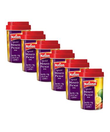 National Foods Hyderabadi Mixed Pickle 35.27 oz (1000g) | Sour & Spicy Traditional South Asian Relish | Zesty & Tangy Achaar | Plastic Jar | Pack of 6 Hyderabadi Mixed (1000g) 1 kg (Pack of 6)