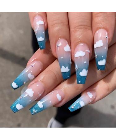 JUSTOTRY 24 Pcs Cloud Fake Nails Medium Sky Blue French Press on Nails Patterns Beautiful Ballerina Stick on Nails for Women Acrylic Coffin False Nails Long with Glue for Nail Art Cloud & blue1