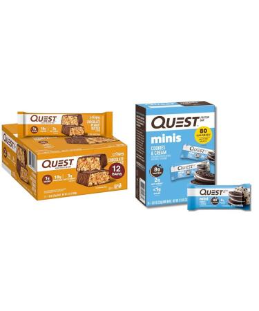 Quest Nutrition Crispy Chocolate Peanut Butter Hero Protein Bar 18g Protein 1g Sugar 3g Net Carb Gluten Free Keto Friendly 12 Count and Mini Cookies & Cream Protein Bars High Protein Low Carb Keto Friendly 14 Count