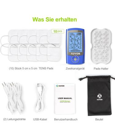 Auvon TENS Device - Rechargeable Pain Relief Stimulator | 24 Programs 2 Channels 10 Premium Electrode Pads (Blue) - Buy Online on GoSupps.com