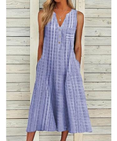 Women Casual Dress Summer Stripe Button V Neck Sleeveless with Pocket Long Dresses Holiday Beach Dress Black XX-Large - Buy Online on GoSupps.com