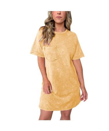 Bijerou summer dresses for women 2024 women Solid Crewneck Short sleeve T-shirt dress loose beach vacation mini dress dress ladies checkered yellow l