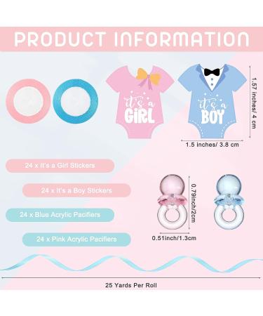 Gender Reveal Baby Shower Favors Set | 48 Mini Milk Bottles, 48 Plastic Pacifiers, 64 Stickers, 2 Rolls Ribbon - Buy Online on GoSupps.com