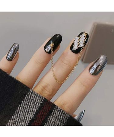 Sethexy Shiny Black Oval Fingernails with Rhinestone Gold Chain - 24 Piece Complete Acrylic Nail Set for Women & Girls | Magic Mirror Reflection Design - Buy Online on GoSupps.com