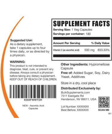 Pure Ascorbic Acid Capsules - 180-Day Supply - Vitamin C Supplement - 180 Veg Capsules - Buy Online on GoSupps.com