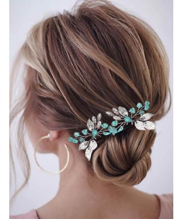 Earent Bride Wedding Turquoise Hair Pins Leaf Hair Accessories Crystal Headpieces Bridal Hair Pieces for Women and Girls(Pack of 2)