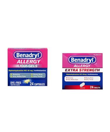 Benadryl Liqui-Gels Antihistamine Allergy Medicine & Cold Relief Dye Free 24 ct & Extra Strength Allergy Relief 50mg Diphenhydramine Tablets - 24ct