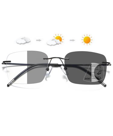 Lanomi photochromic reading glasses frameless women men's progress glasses Blue light filter progressive multifocal reading aid narrow intelligent self -tinting borderless glasses with presumption black 3.5 x